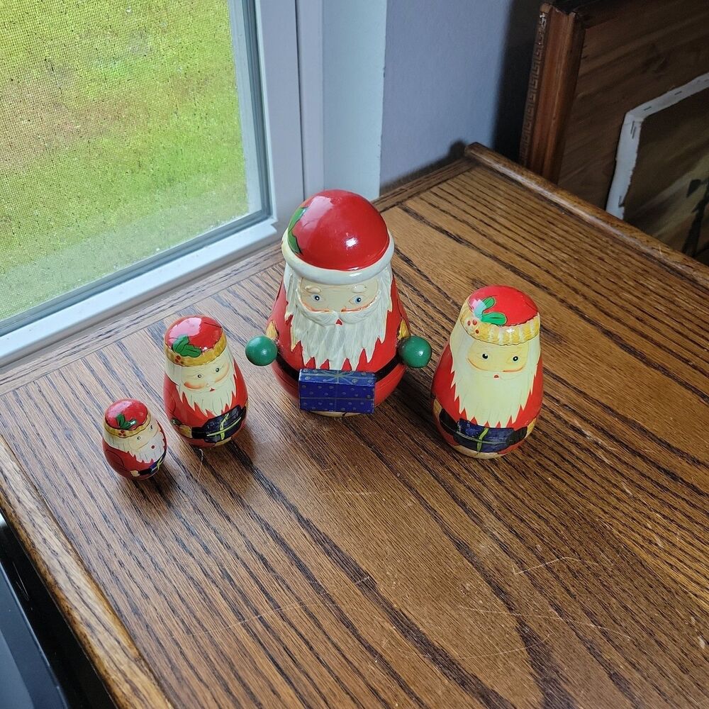 Vtg Set Of 4pc Walmart Nesting Dolls Santa Christmas Wooden Hand Painted China